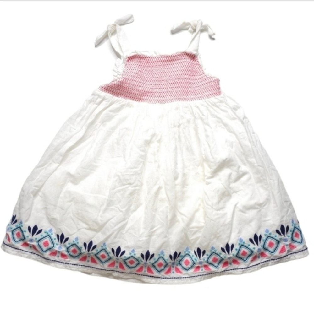 Rachel Zoe White Cotton Smocked Dress Tie-up Straps Pink Blue Embroidery size 4T